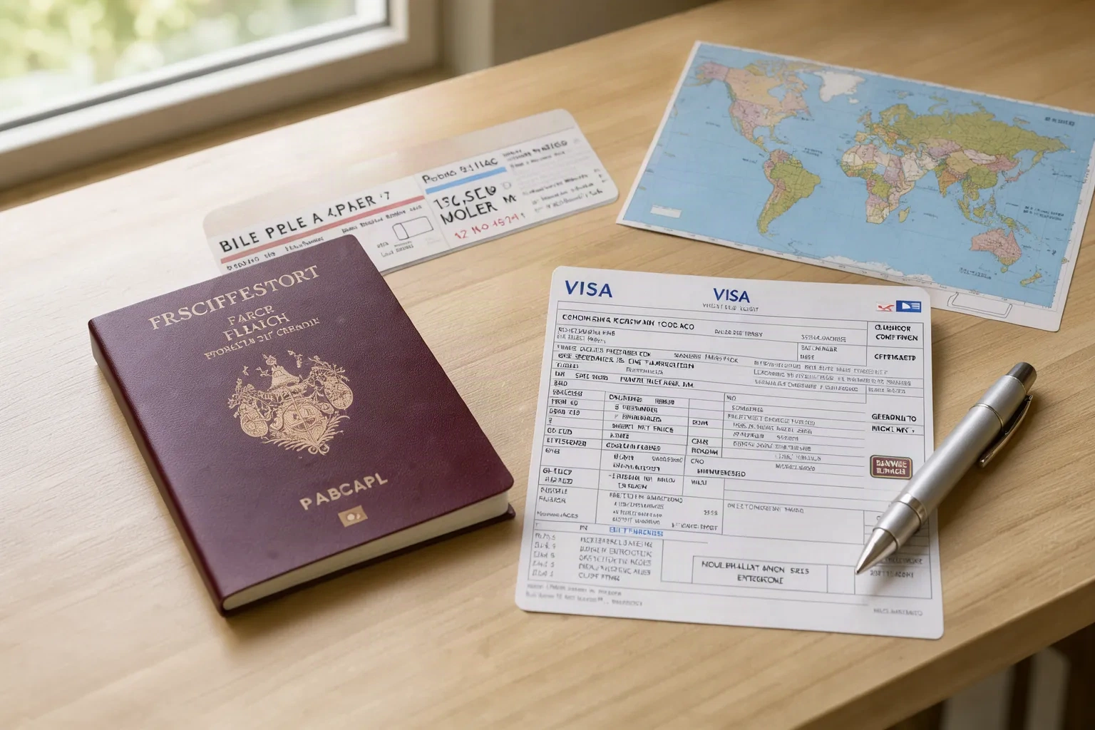 Passeport et documents de voyage sur une table